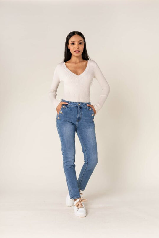 Wholesale Mom Gold Button Jeans Blue
