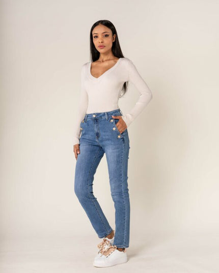Wholesale Mom Gold Button Jeans Blue