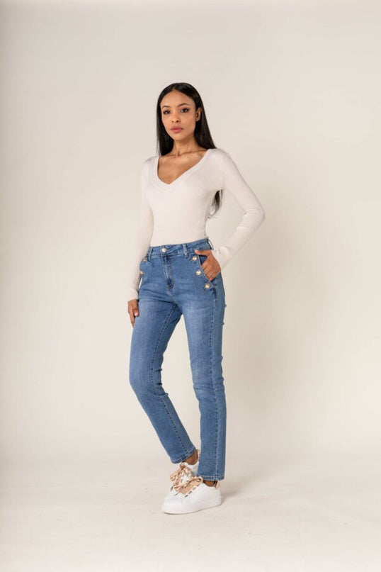 Wholesale Mom Gold Button Jeans Blue