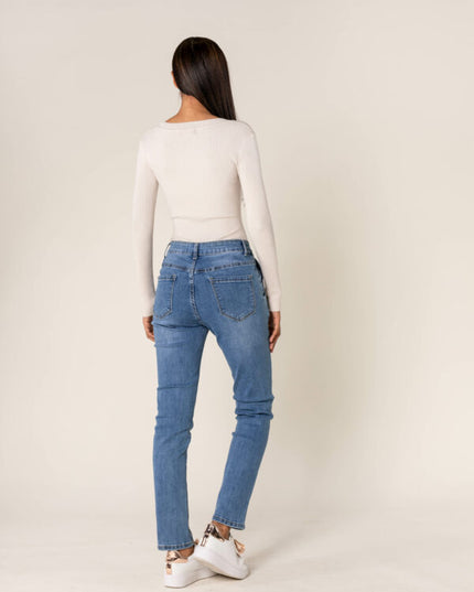 Wholesale Mom Gold Button Jeans Blue