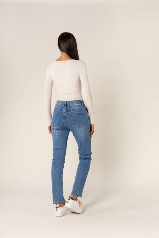 Wholesale Mom Gold Button Jeans Blue