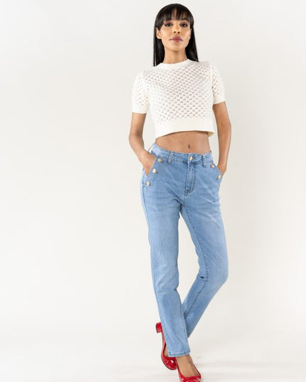 Wholesale Mom Gold Button Jeans Light Blue
