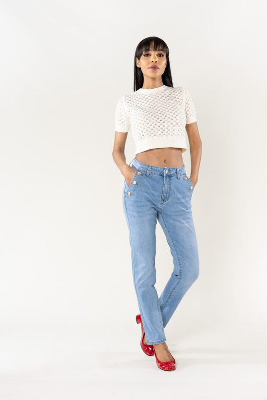 Wholesale Mom Gold Button Jeans Light Blue