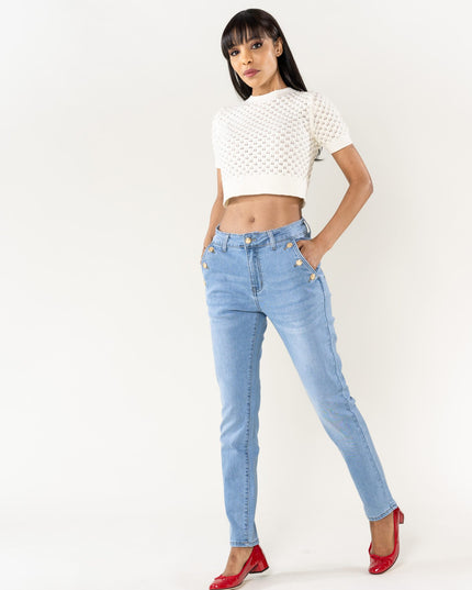 Wholesale Mom Gold Button Jeans Light Blue
