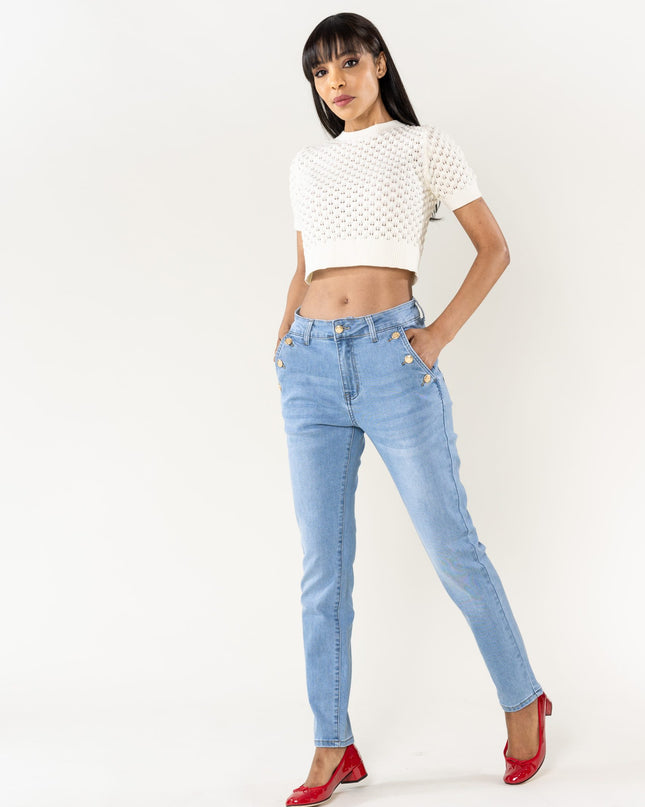 Wholesale Mom Gold Button Jeans Light Blue
