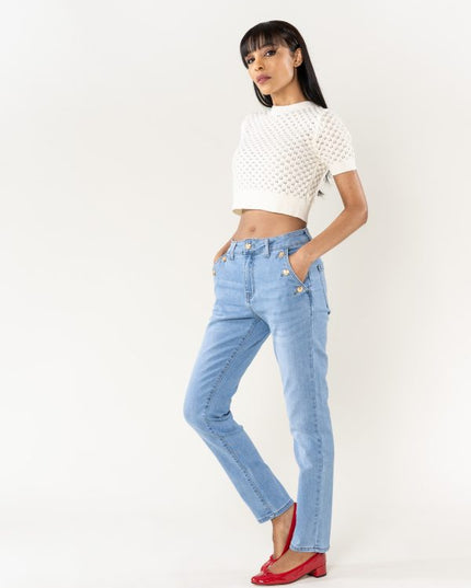 Wholesale Mom Gold Button Jeans Light Blue