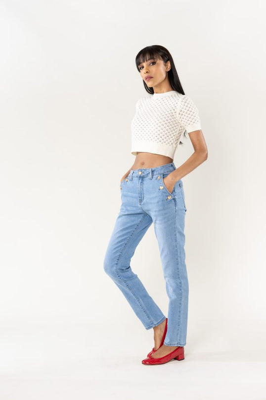 Wholesale Mom Gold Button Jeans Light Blue