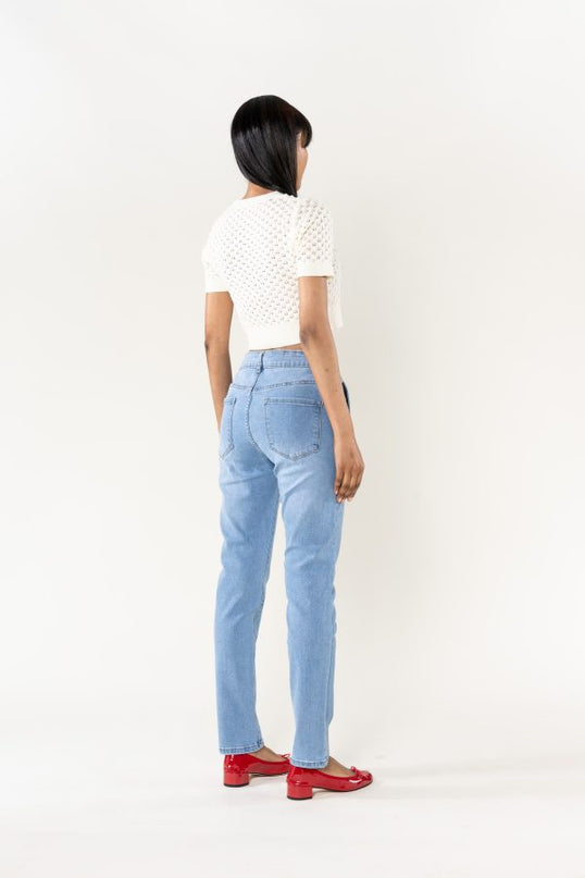 Wholesale Mom Gold Button Jeans Light Blue