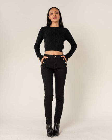 Wholesale Mom Gold Button Jeans Black