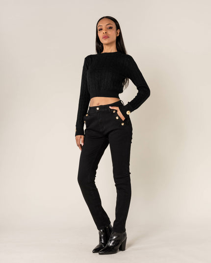 Wholesale Mom Gold Button Jeans Black