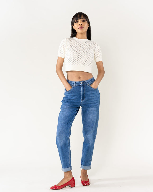Wholesale High Waisted Comfortable Stretch Mom Jeans Blue