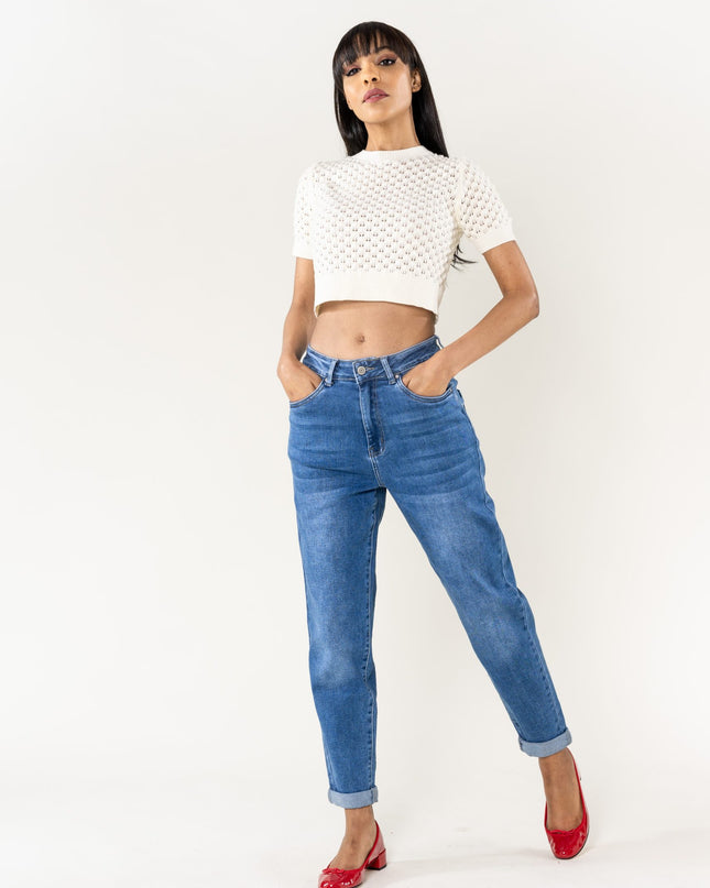 Wholesale High Waisted Comfortable Stretch Mom Jeans Blue
