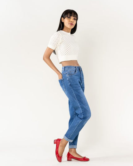 Wholesale High Waisted Comfortable Stretch Mom Jeans Blue