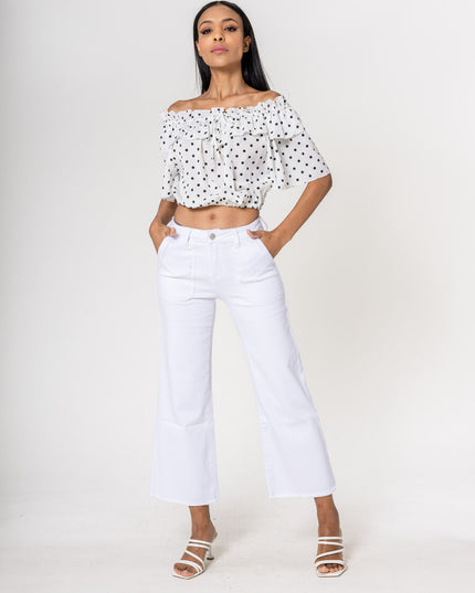 Wholesale White High Waisted Jeans Flare Frayed Bottom leg