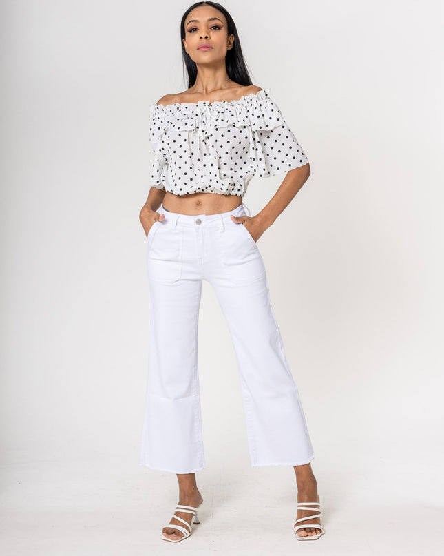 Wholesale White High Waisted Jeans Flare Frayed Bottom leg