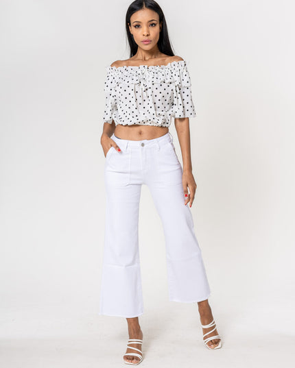 Wholesale White High Waisted Jeans Flare Frayed Bottom leg
