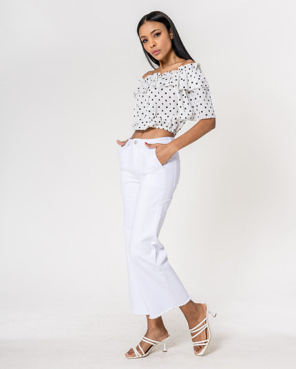 Wholesale White High Waisted Jeans Flare Frayed Bottom leg