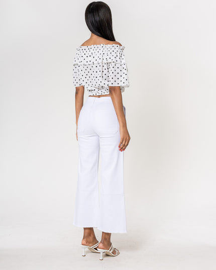 Wholesale White High Waisted Jeans Flare Frayed Bottom leg