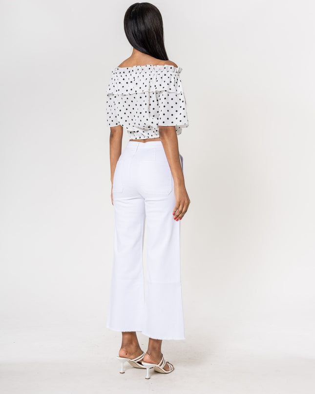 Wholesale White High Waisted Jeans Flare Frayed Bottom leg