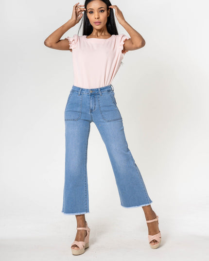 Wholesale White High Waisted Jeans Flare Frayed Bottom leg light blue