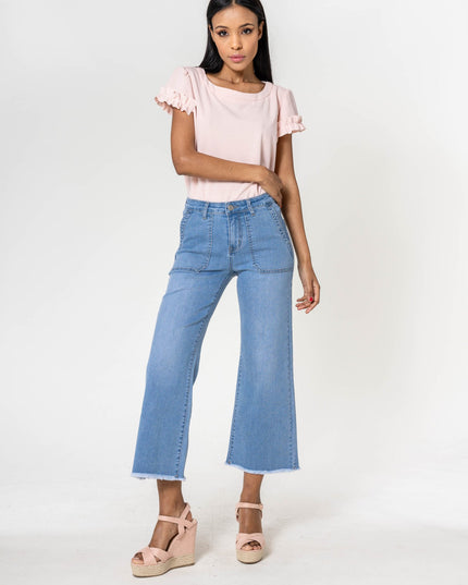 Wholesale White High Waisted Jeans Flare Frayed Bottom leg light blue