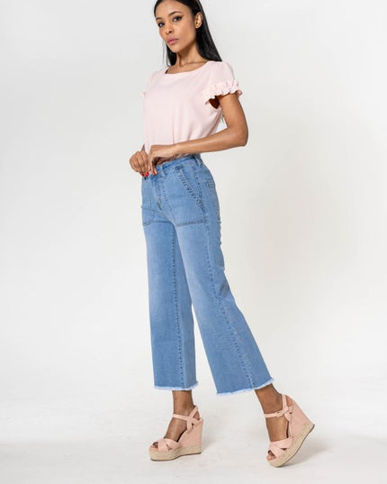 Wholesale White High Waisted Jeans Flare Frayed Bottom leg light blue