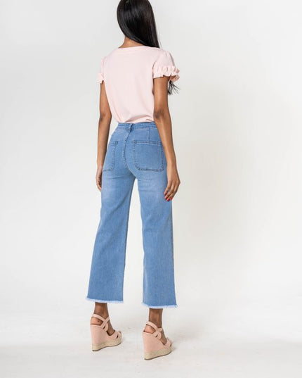 Wholesale White High Waisted Jeans Flare Frayed Bottom leg light blue