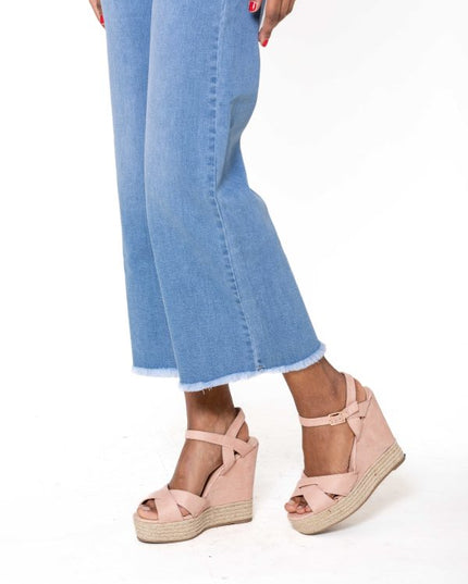 Wholesale White High Waisted Jeans Flare Frayed Bottom leg light blue
