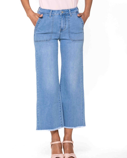 Wholesale White High Waisted Jeans Flare Frayed Bottom leg light blue