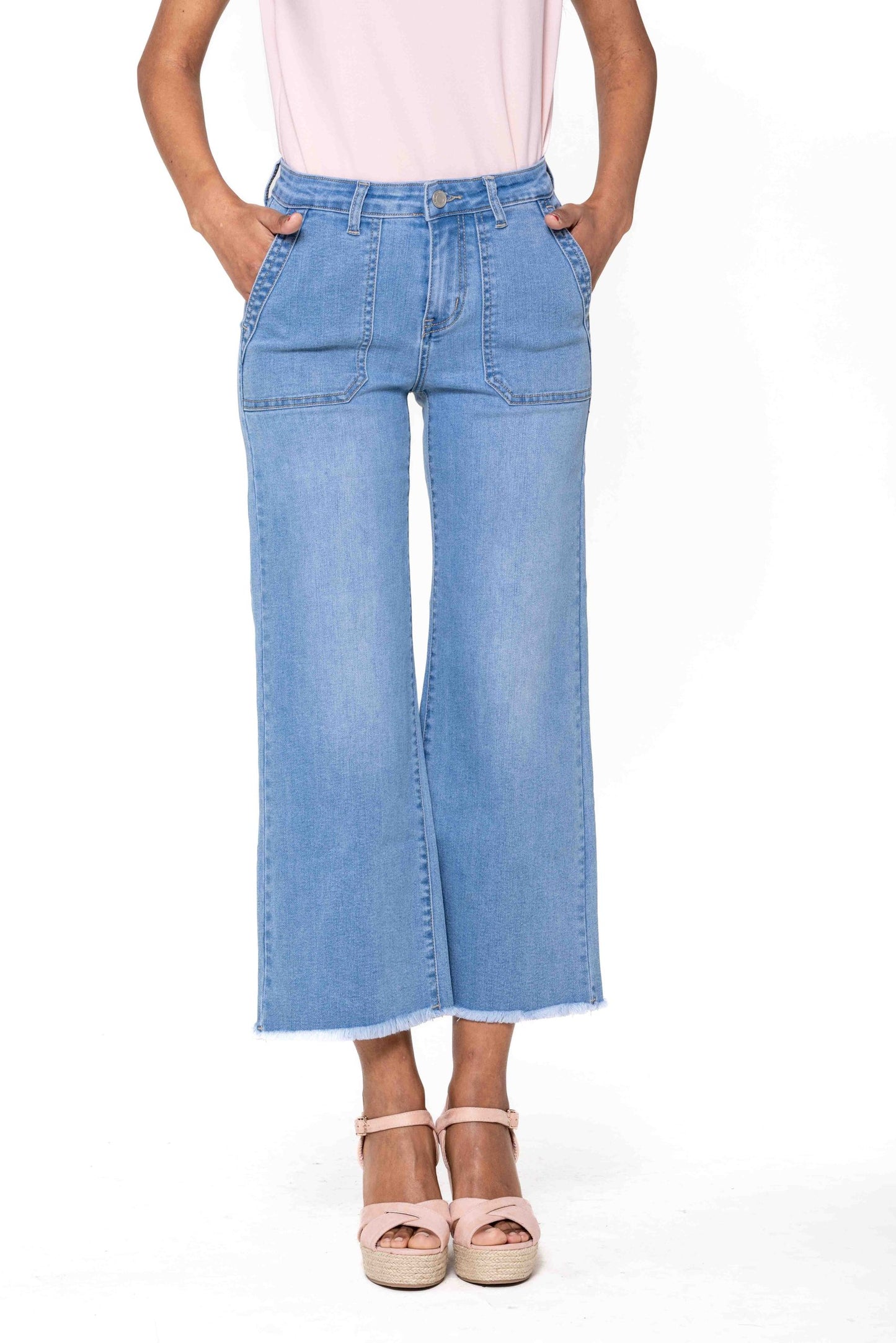 Wholesale White High Waisted Jeans Flare Frayed Bottom leg light blue