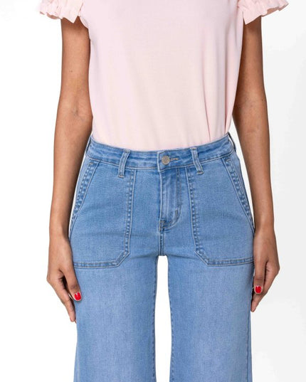 Wholesale White High Waisted Jeans Flare Frayed Bottom leg light blue