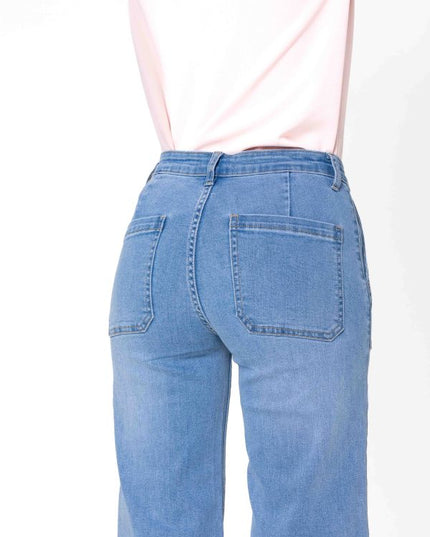 Wholesale White High Waisted Jeans Flare Frayed Bottom leg light blue