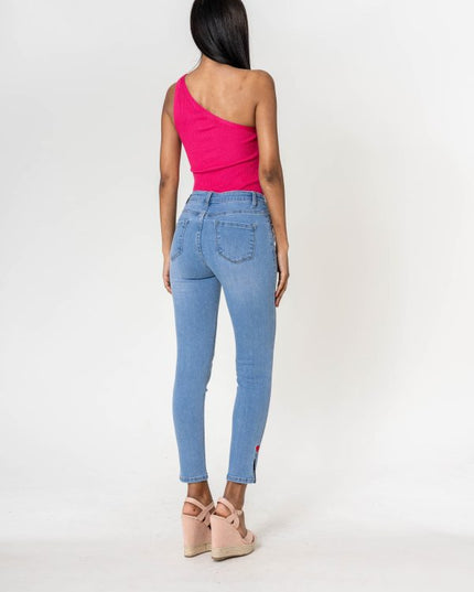 Wholesale High Waisted Jeans Heart embroidery Light Blue