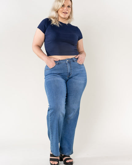 Wholesale High Waisted Stretch Flared Jeans Faded Blue