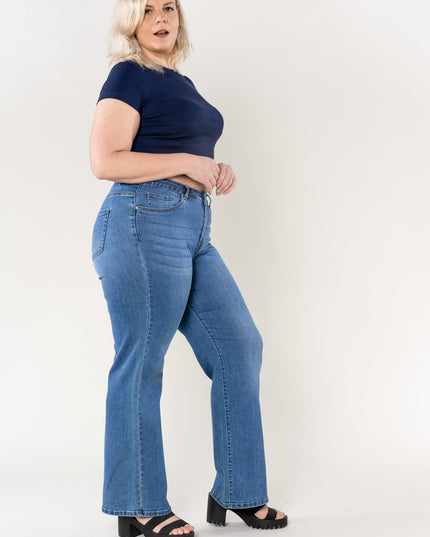 Wholesale High Waisted Stretch Flared Jeans Faded Blue