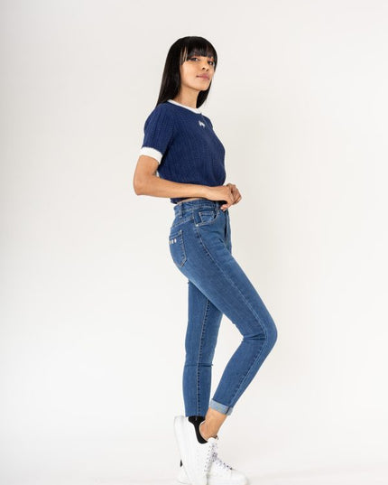 Wholesale High Waisted Jeans Embroidery Blue