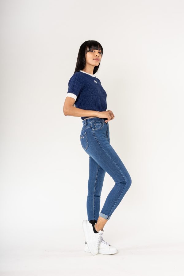 Wholesale High Waisted Jeans Embroidery Blue