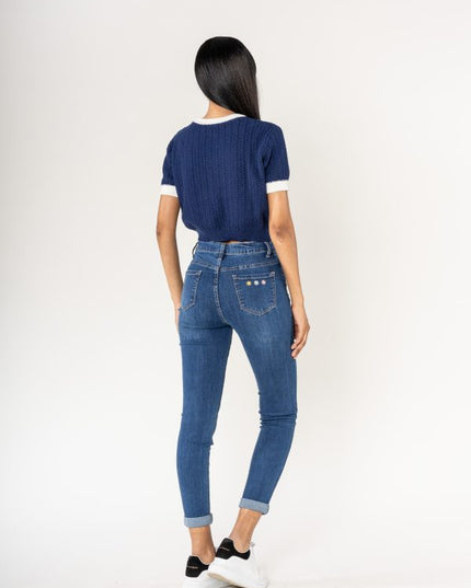 Wholesale High Waisted Jeans Embroidery Blue