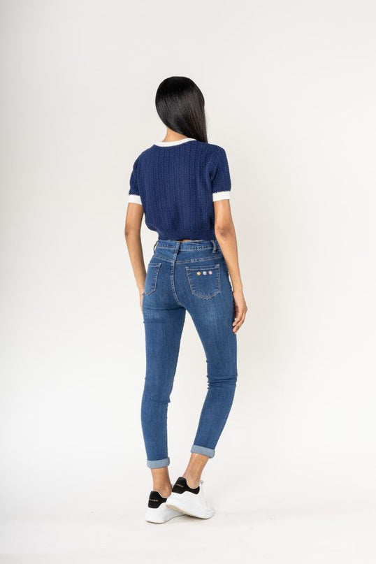 Wholesale High Waisted Jeans Embroidery Blue
