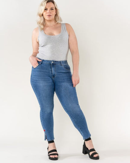 Wholesale Split Jeans Heart Embroidery Blue
