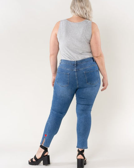 Wholesale Split Jeans Heart Embroidery Blue