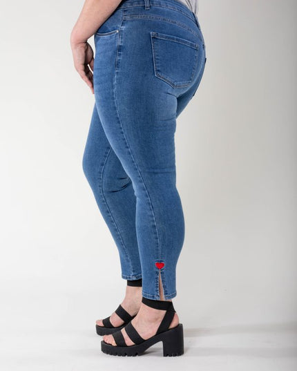 Wholesale Split Jeans Heart Embroidery Blue
