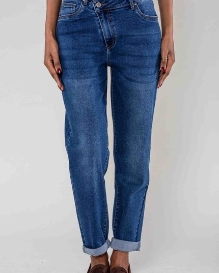 Wholesale Asymmetrical Mom Jeans High-Waist Stretch Blue Denim