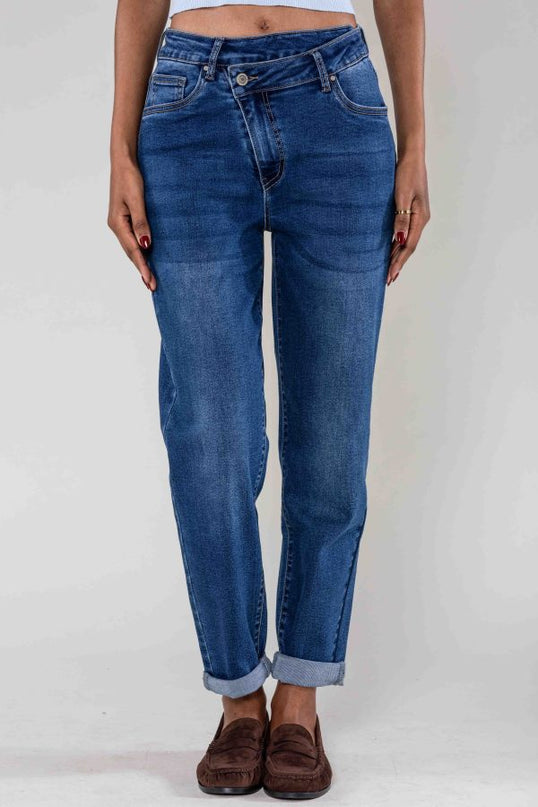 Wholesale Asymmetrical Mom Jeans High-Waist Stretch Blue Denim