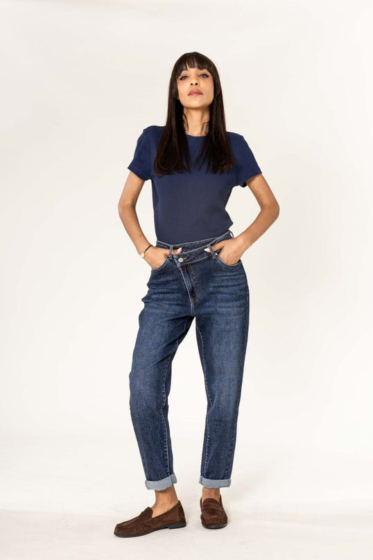 Wholesale Asymmetrical Mom Jeans High-Waist Stretch Blue Denim