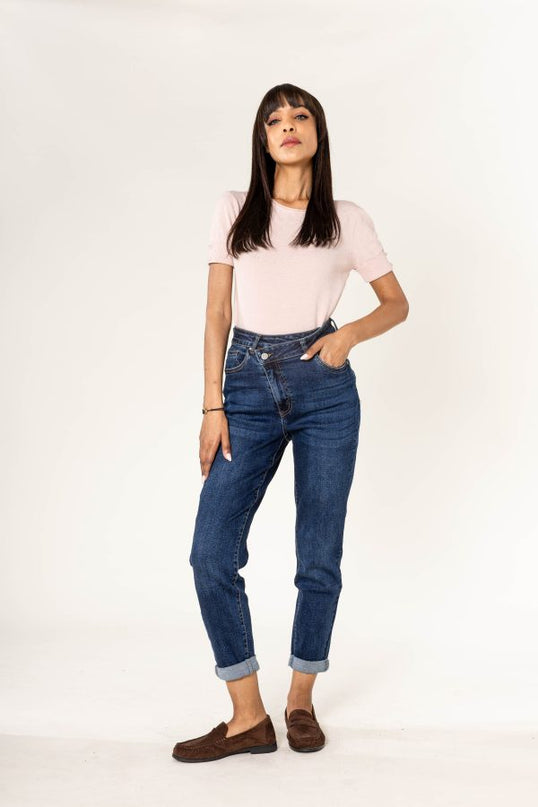 Wholesale Asymmetrical Mom Jeans High-Waist Stretch Blue Denim
