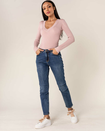 Wholesale Dark Blue High Waist Mom Jeans With Pleates On The Knees