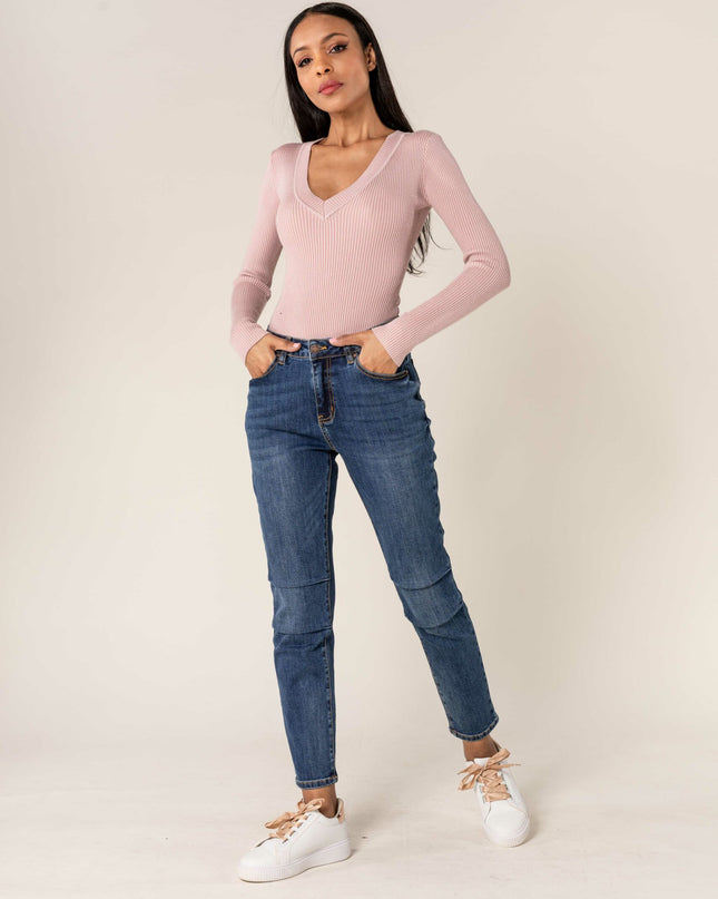 Wholesale Dark Blue High Waist Mom Jeans With Pleates On The Knees