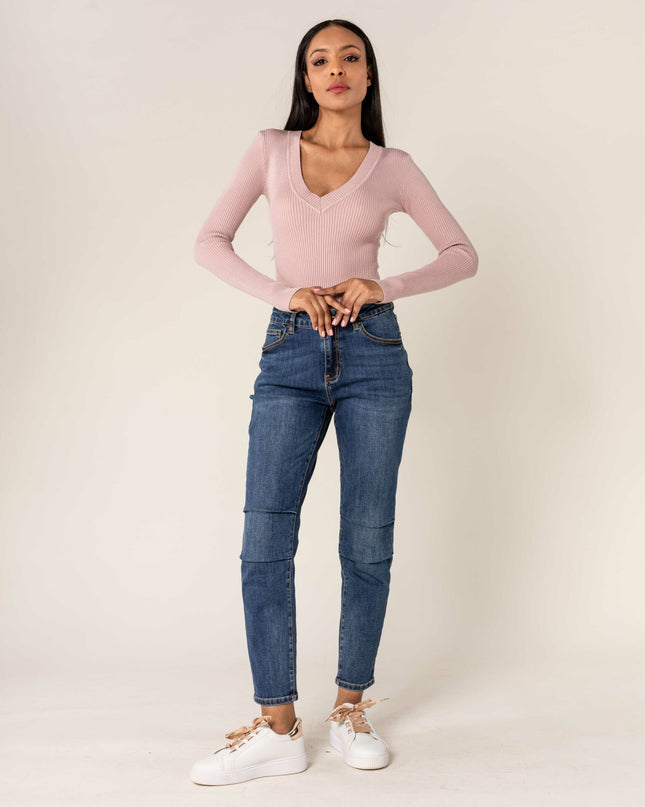 Wholesale Dark Blue High Waist Mom Jeans With Pleates On The Knees