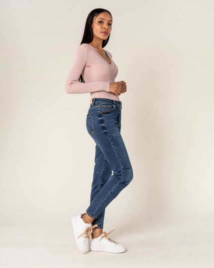 Wholesale Dark Blue High Waist Mom Jeans With Pleates On The Knees